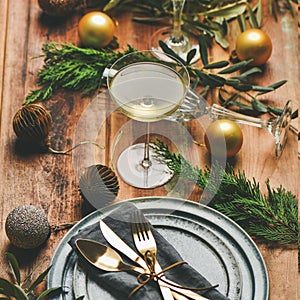 Holiday celebration table setting over rustic wooden background, square crop