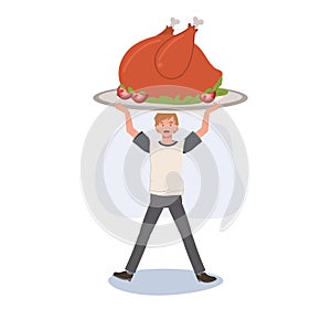 Holiday Celebration with Tiny Human and Oversized Thanksgiving Feast. Thanksgiving Dinner Humor. Tiny Man with Huge Food Cartoon