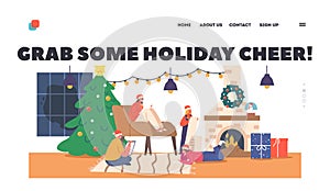 Holiday Cheer Landing Page Template. Children Write Letter to Santa Claus at Christmas Eve. Little Kids Writing Wishes