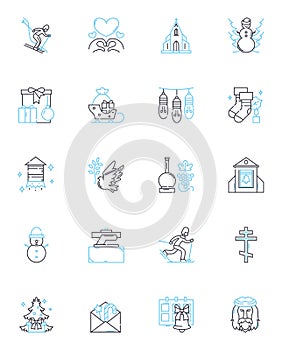 Holiday cheer linear icons set. Mistletoe, Eggnog, Frosty, Jolly, Tinsel, Carols, Gingerbread line vector and concept