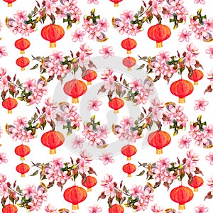 Holiday chinese lantern in spring blossom - sakura flowers . Repeating pattern. Watercolor background