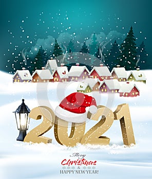 Holiday christmas background with 2021 and gift boxes and landscape with winter village. Vector