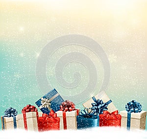 Holiday Christmas background with a border of gift boxes.