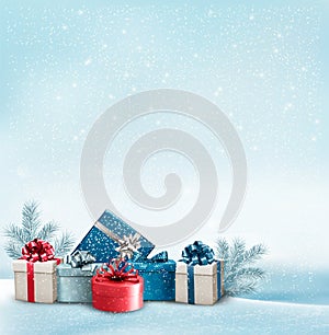 Holiday Christmas background with a border of gift boxes.