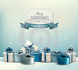 Holiday Christmas background with a border of gift boxes.