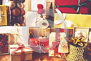 Holiday Christmas background with gift boxes and decoration