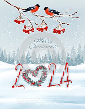 Holiday Christmas background and Happy New Year with red bullfinches on branch of a christmas tree