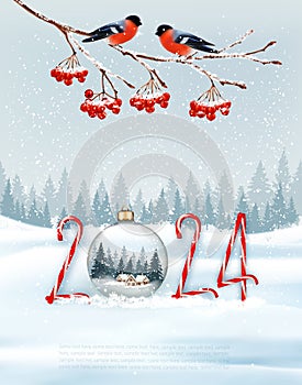 Holiday Christmas background and Happy New Year with red bullfinches on branch of a christmas tree