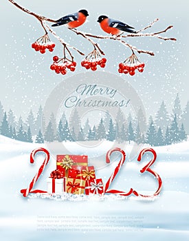 Holiday Christmas background with red bullfinches on branch of a christmas tree