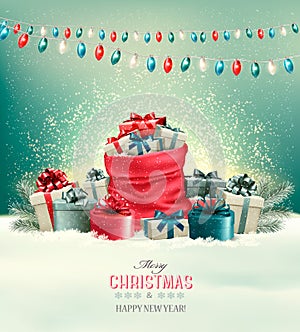 Holiday Christmas background with a sack full of gift boxes