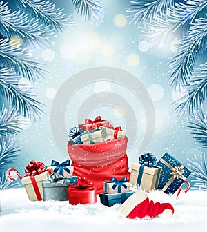 Holiday Christmas background with a sack full of gift boxes