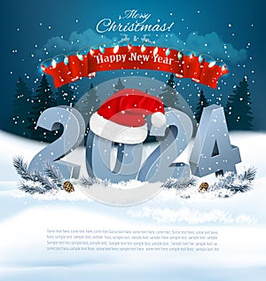 Holiday Christmas background with Santa Hat and a 2024 blue bold numbers.