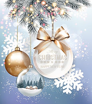 Holiday Christmas background with snowflakes and a colorful transparent balls