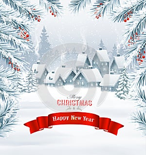 Holiday Christmas background with a winter village and branch of tree