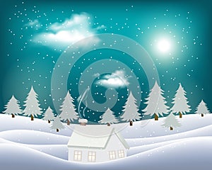 Holiday Christmas background with a winter village and trees. Vector