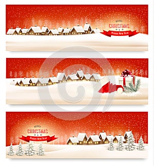 Holiday Christmas banners with villages. photo