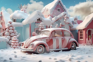 holiday christmas car festive candy merry gift winter snow retro. Generative AI.