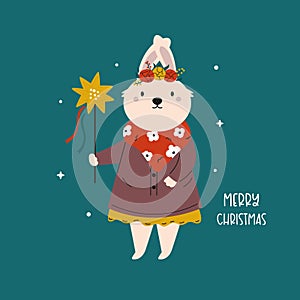 Holiday Christmas card with cute rabbit in tradititional Ukraininan costume and star in the hand