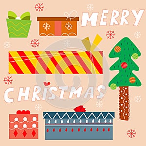 Holiday Christmas card, gift boxes and spruce, vector illustration