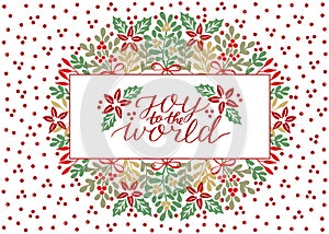 Holiday christmas card with inscription Joy to the world, made hand lettering on background with red dots