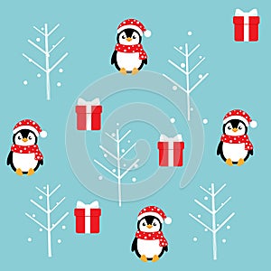 Holiday Christmas greeting card with Penguins cartoon. Vector illustration