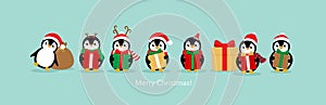 Holiday Christmas greeting card with Penguins cartoon. Vector illustration