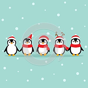 Holiday Christmas greeting card with Penguins cartoon. Vector illustration
