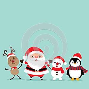 Holiday Christmas greeting card with Santa Claus, reindeer, snowman, and Penguin cartoon. Vector illustration