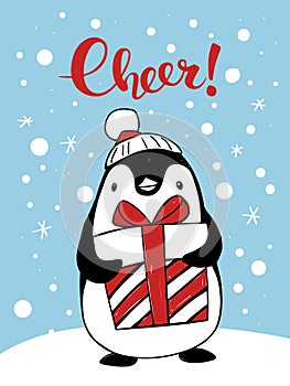 Holiday Christmas greeting poster with cartoon penguin and Cheer lettering.