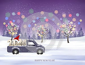 Holiday Christmas and Happy New Year background with with evening landscape