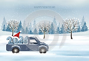 Holiday Christmas and Happy New Year background with with evening landscape and blue car with 2024