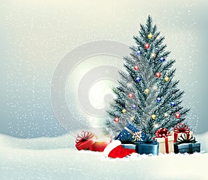 Holiday Christmas and Happy New Year background with a winter  Ð¡hristmas tree, colorful presents