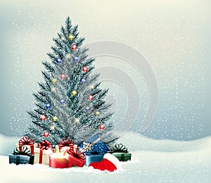 Holiday Christmas and Happy New Year background with a winter  ÃÂ¡hristmas tree, colorful presents
