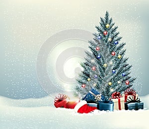 Holiday Christmas and Happy New Year background with a winter  ÃÂ¡hristmas tree, colorful presents photo