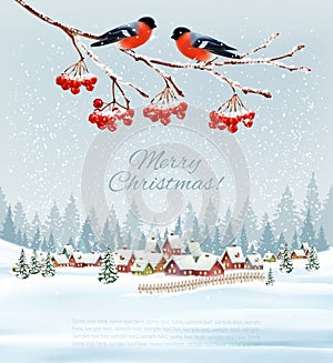 Holiday Christmas and Happy New Year background with a winter landscape and village and red bullfinch.