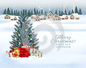 Holiday Christmas and Happy New Year background with a winter village
