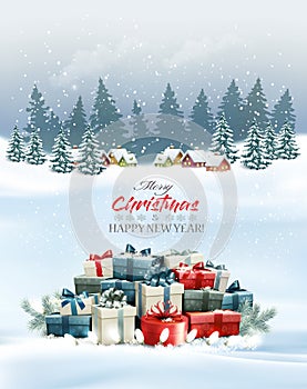 Holiday Christmas and Happy New Year background with a winter village and  christmas colorful presents.