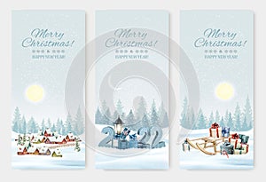 Holiday Christmas and Happy New Year banners with a winter village, sledge with presents