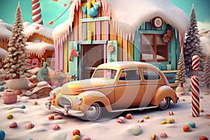 holiday christmas merry retro car winter candy festive snow gift. Generative AI.