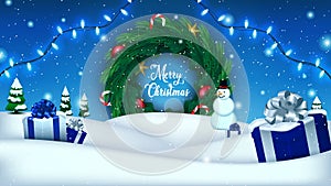 Holiday Christmas and New Year landscape with a gift boxes, snowman and pine branches wreath. Winter background