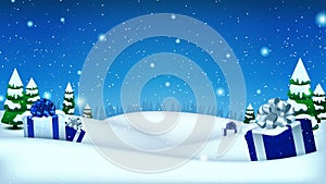 Holiday Christmas and New Year template for your arts and copy space. Winter background with gifs, snow and spruce trees