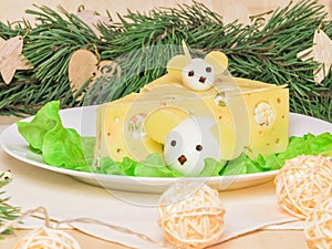 Holiday Christmas salad mouse 2020 New Year cheese piece shape. Boiled eggs with cheese look like white rats & x28;mices& x29;