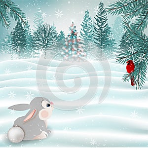 Holiday Christmas scene with cute bunny and cardinal bird. Vector