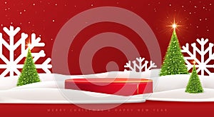 Holiday Christmas showcase red background with 3d podium and Christmas tree. Abstract minimal scene.