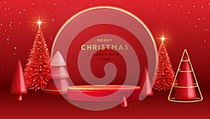 Holiday Christmas showcase redbackground with 3d podiums, Christmas tree and neon arch. Abstract minimal scene. photo