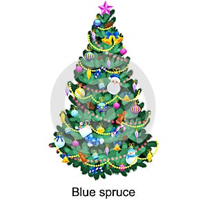 Holiday christmas tree isolated decoration for celebrate xmass with ball gold bells candles stars lights candy and