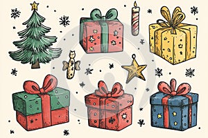 holiday clipart set, a charming collection of christmas gift box clipart images, designed with a cute doodle theme for a photo