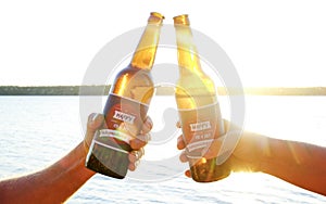 Holiday composition, close up of men hands holding bottles of beer. Group of people celebrating Independence day of USA.