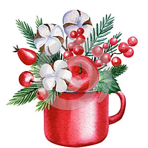 Holiday composition with a red cup, spruce branches, red berries and apple, hand drawn watercolor painting,