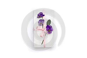 Holiday composition, white gift box with pink ribbon and bow and flowers viola tricolor  pansy  on white paper background.